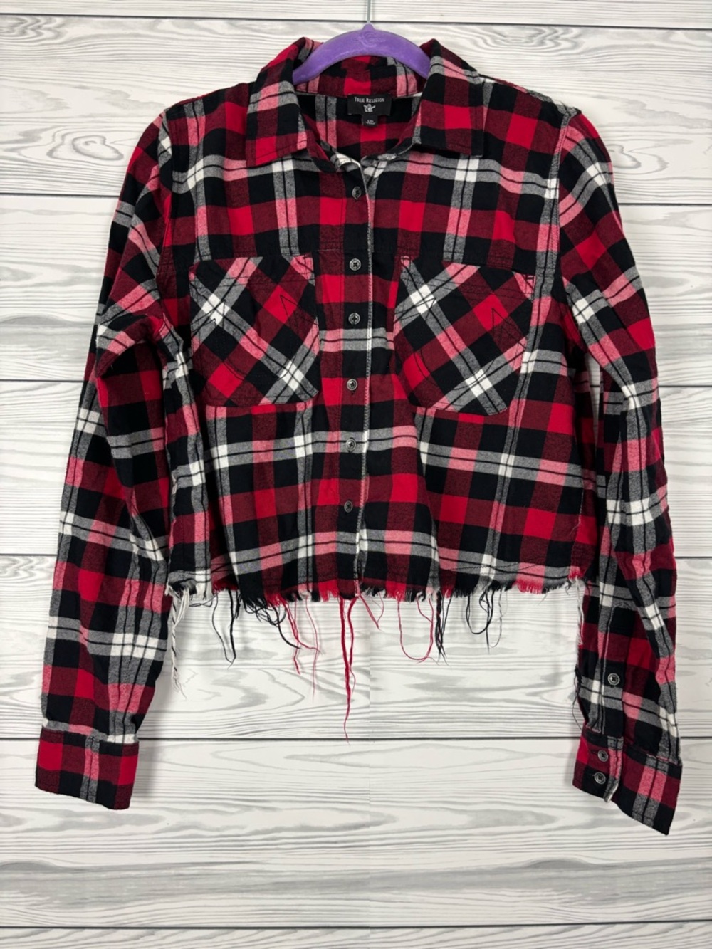 True Religion Plaid Cropped Utility Button Down Shirt Frayed Hem Large